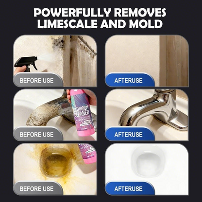 Bathroom cleaner product demonstration showing surface cleaning examples
