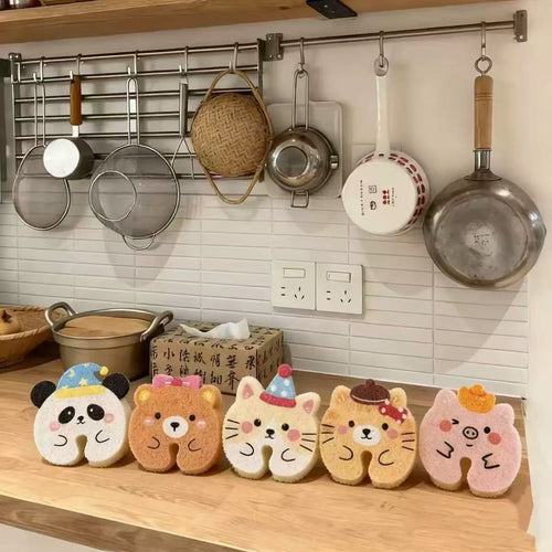 Cute Cartoon Cellulose Dish Sponge with Faucet Hanging Cutout, Set of 5