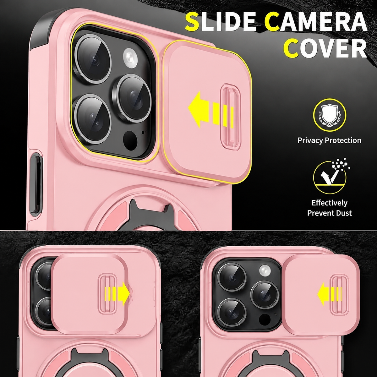 Case with Slide Camera Cover & Rotatable Ring Kickstand, Grade Shockproof Protective Case for iPhone