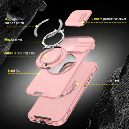 Case with Slide Camera Cover & Rotatable Ring Kickstand, Grade Shockproof Protective Case for iPhone