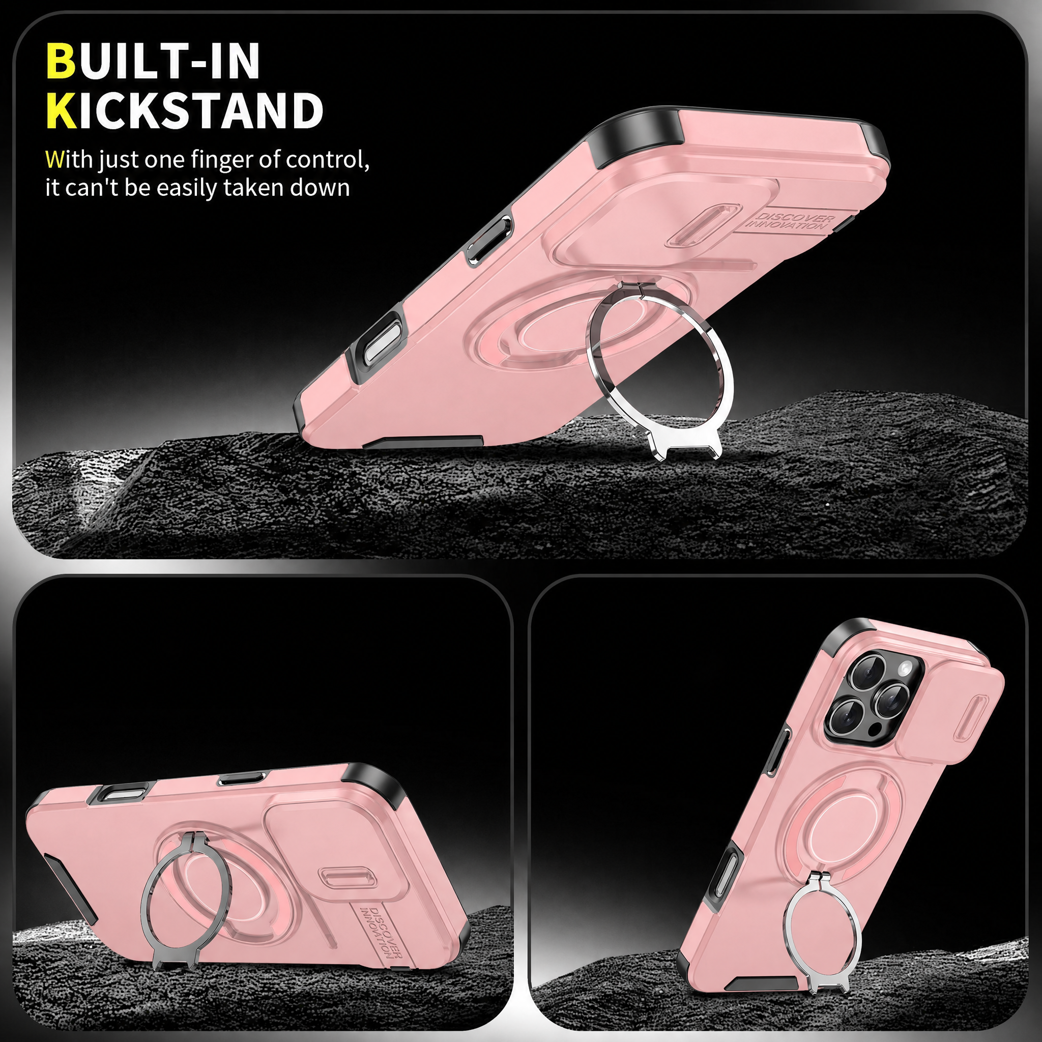 Case with Slide Camera Cover & Rotatable Ring Kickstand, Grade Shockproof Protective Case for iPhone