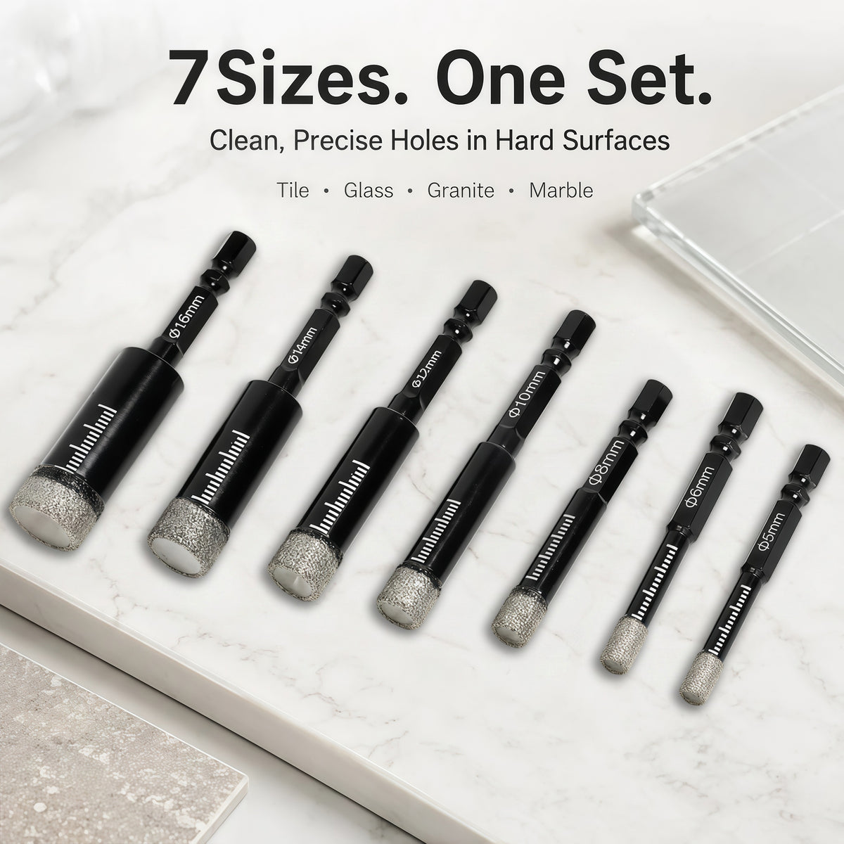 🛠️⚡️7 Pcs Diamond Drill Bits Set, 3/16 1/4 5/6 3/8 1/2 Inch Brazed Diamond Drill Bits for Precision Drilling in Tile Ceramic Glass Granite Marble Masonry