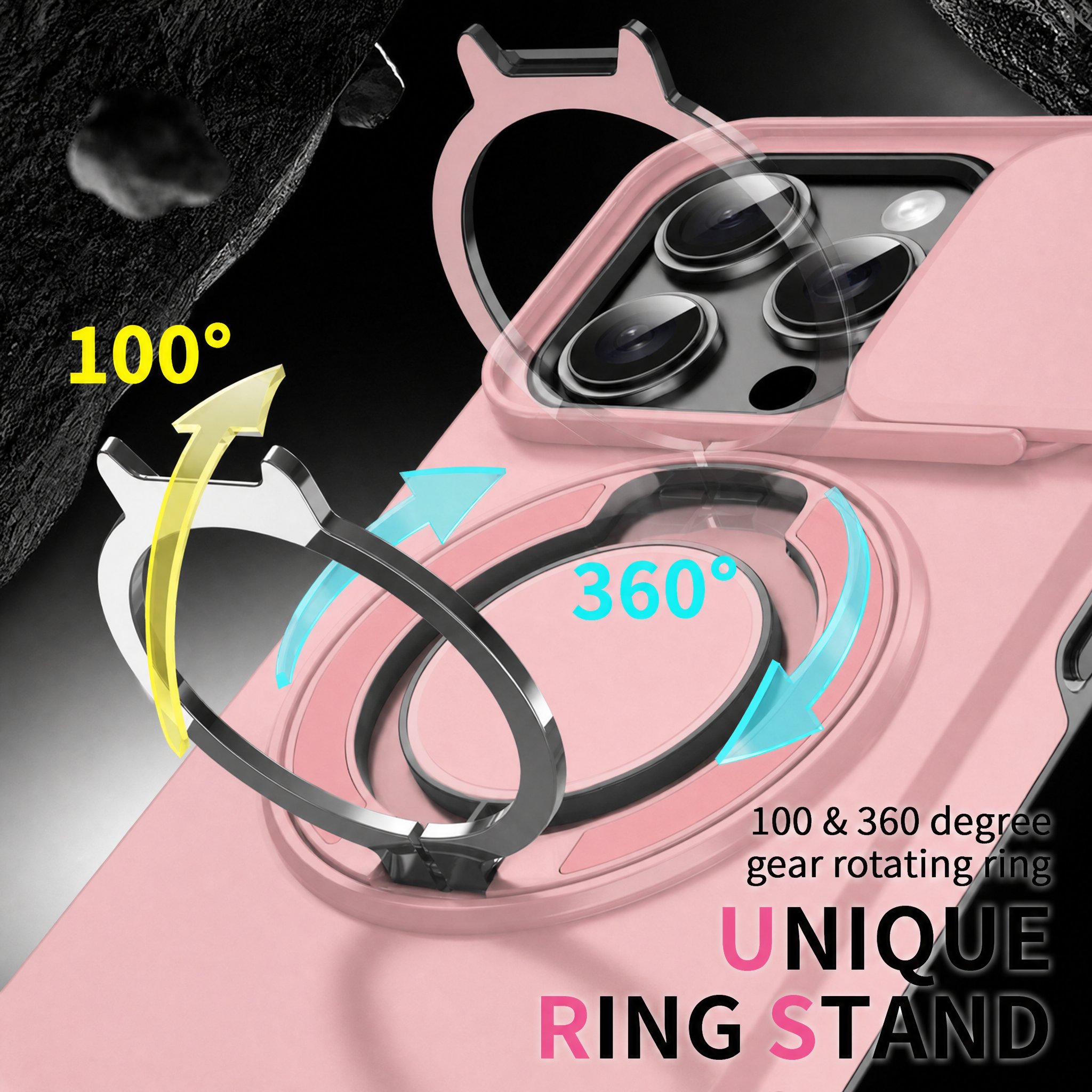 Case with Slide Camera Cover & Rotatable Ring Kickstand, Grade Shockproof Protective Case for iPhone