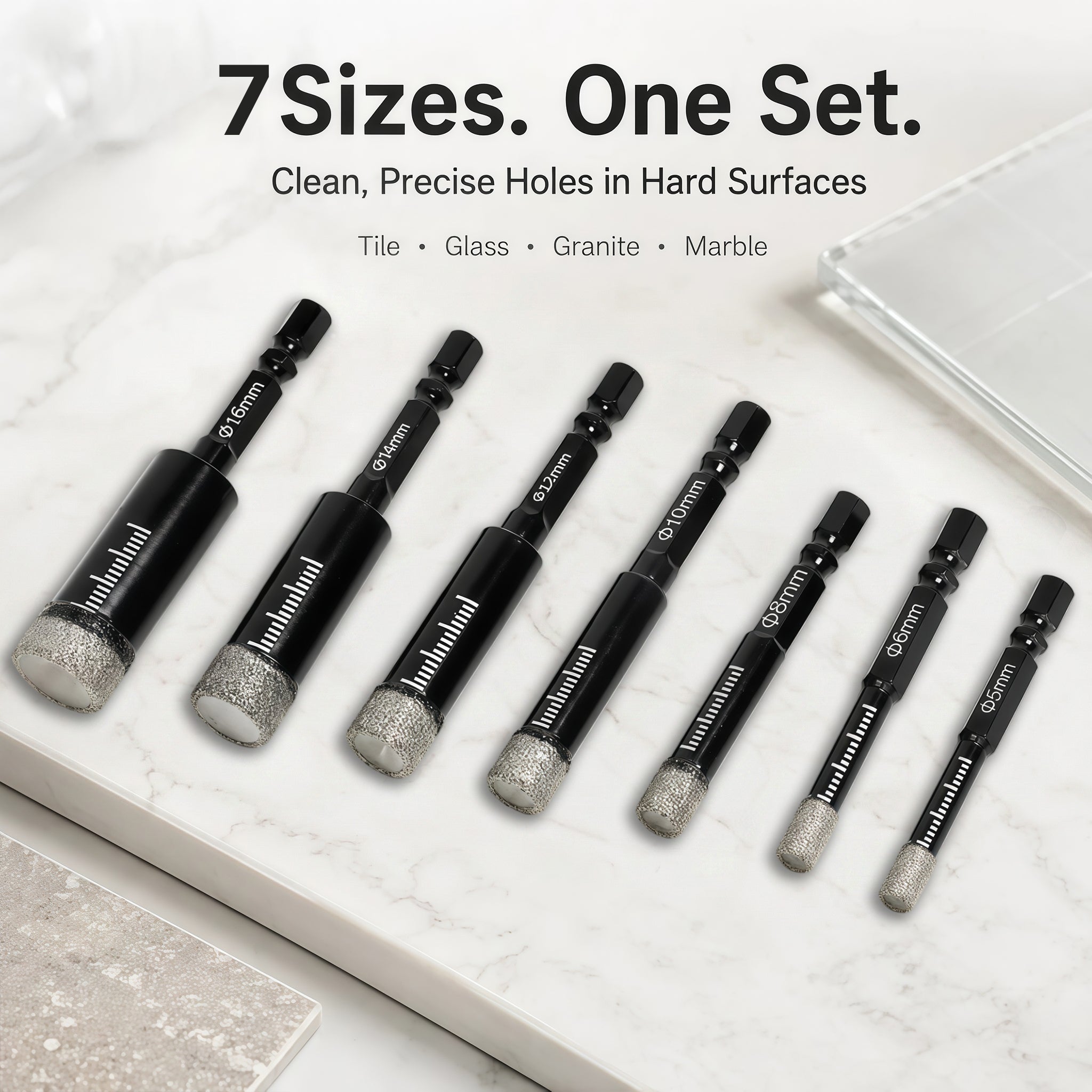 🛠️⚡️7 Pcs Diamond Drill Bits Set, 3/16 1/4 5/6 3/8 1/2 Inch Brazed Diamond Drill Bits for Precision Drilling in Tile Ceramic Glass Granite Marble Masonry