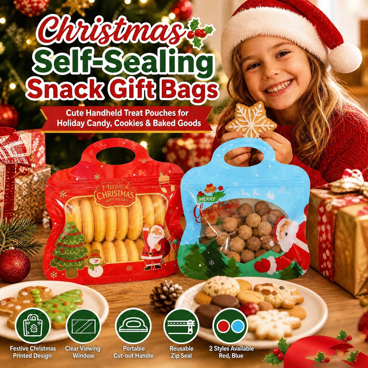 🎁Easy Fill, Easy Seal🎄 Festive Self-Seal Treat Bags – Santa & Snowman Print 💖 Resealable, Food-Safe & Perfect for Cookies, Chocolates & Little Gifts 🎅⛄
