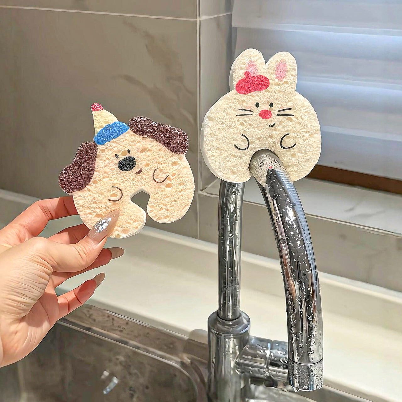 Cute Cartoon Cellulose Dish Sponge with Faucet Hanging Cutout, Set of 5