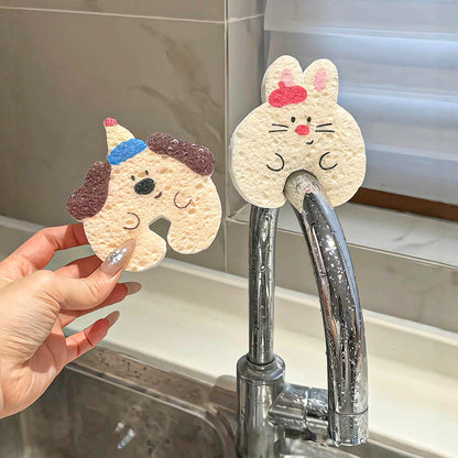Cute Cartoon Cellulose Dish Sponge with Faucet Hanging Cutout, Set of 5