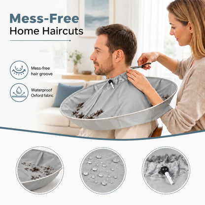 ✂️🧹 Hair Cutting Cape with Catcher – built-in groove traps clippings, no mess on clothes or floors. Waterproof, non-static, folds flat. Perfect for home trims & kids' cuts! 💇✅