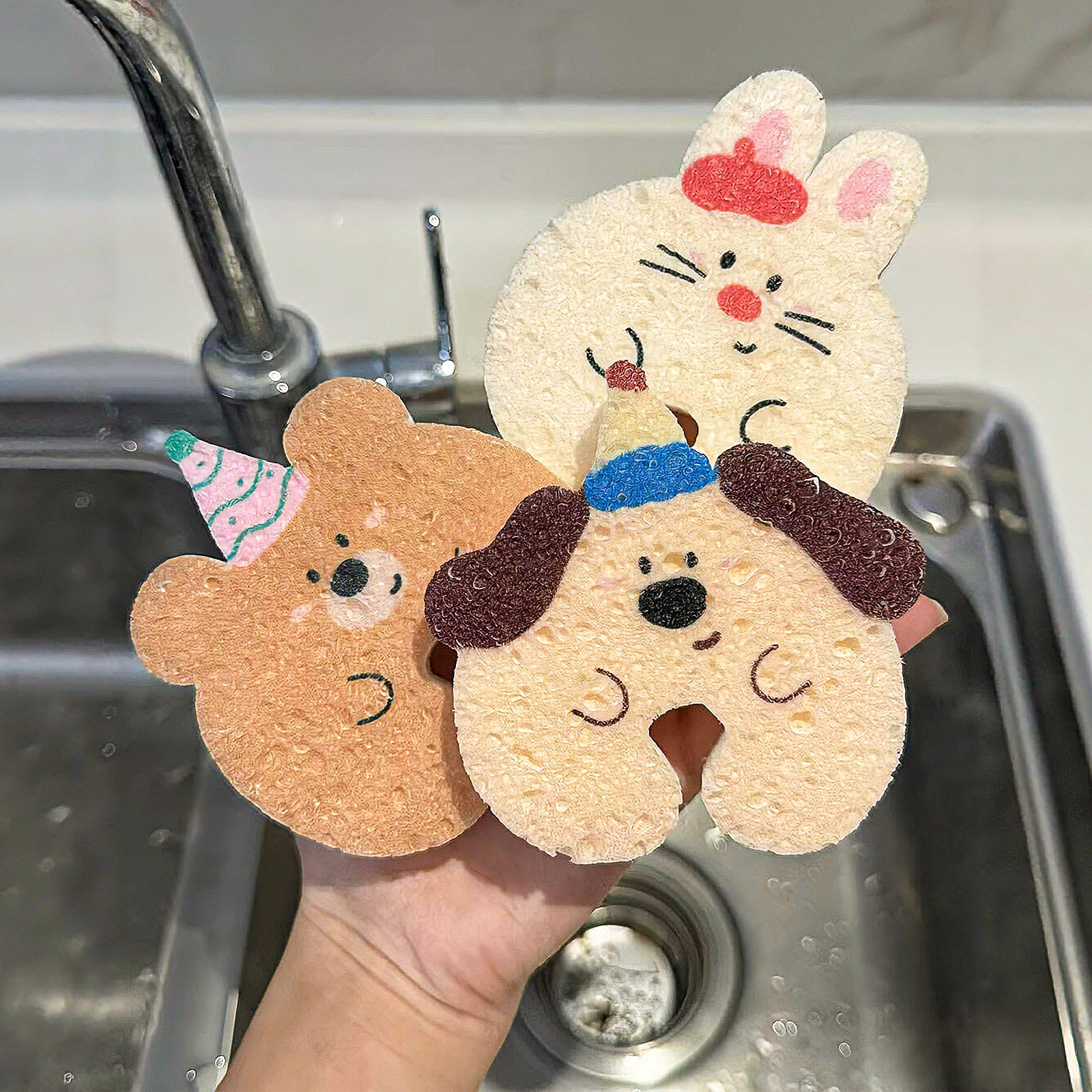 Cute Cartoon Cellulose Dish Sponge with Faucet Hanging Cutout, Set of 5