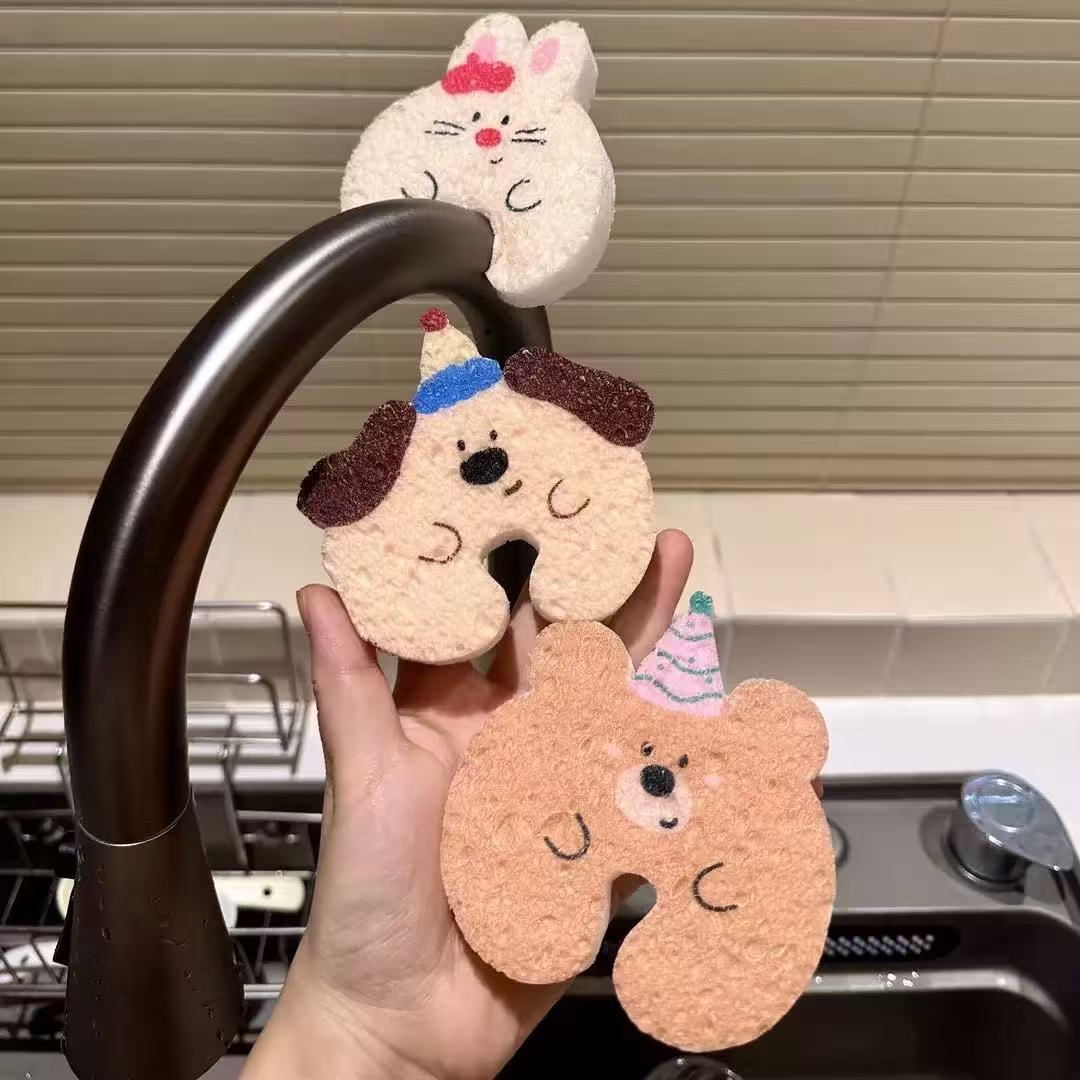 Cute Cartoon Cellulose Dish Sponge with Faucet Hanging Cutout, Set of 5