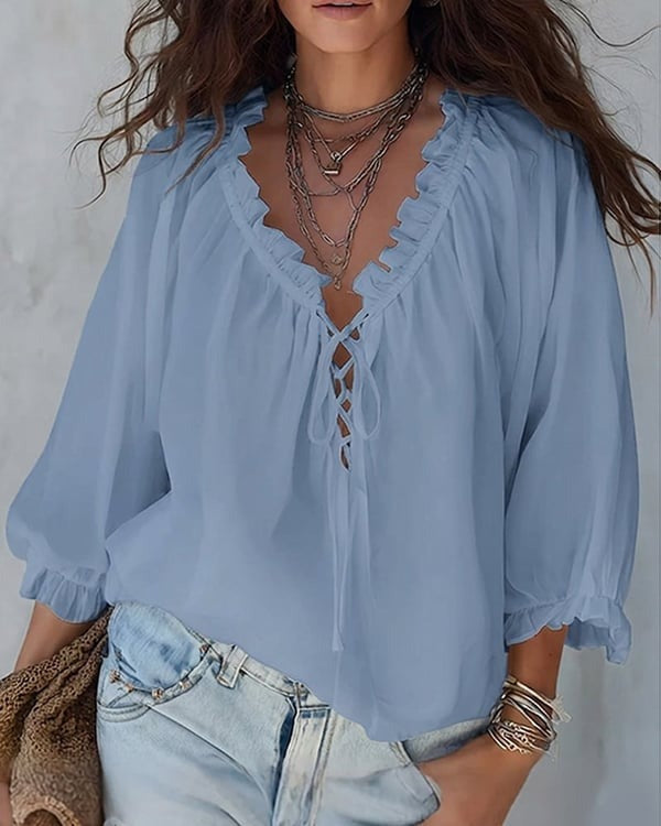 V-neck Lace Up Blouse