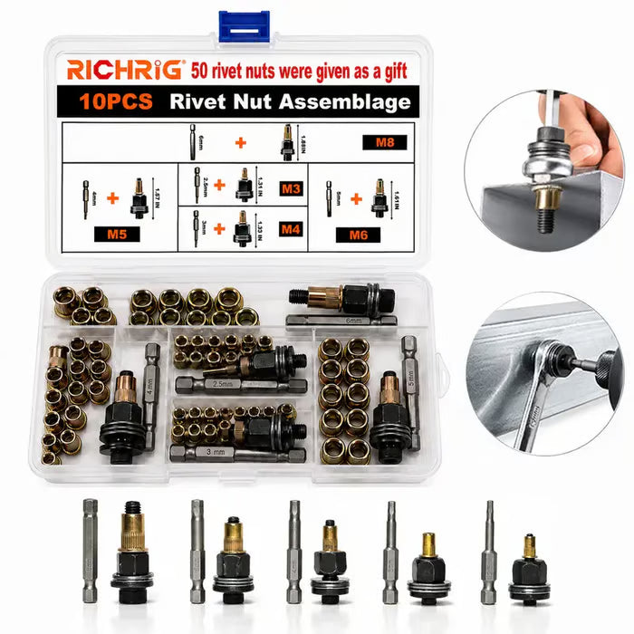 🛠️Head Rivet Nut Tool, M3 M4 M5 M6 M8 Rivnut Kit,Carbon Steel Rivnut Set