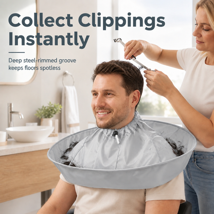 ✂️🧹 Hair Cutting Cape with Catcher – built-in groove traps clippings, no mess on clothes or floors. Waterproof, non-static, folds flat. Perfect for home trims & kids' cuts! 💇✅
