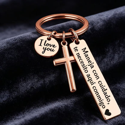 Keychain with Cross and "I Love You" Charm