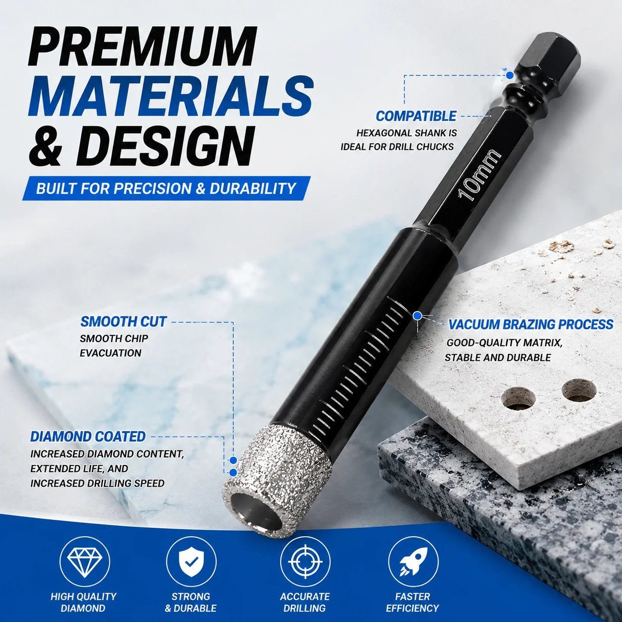 🛠️⚡️7 Pcs Diamond Drill Bits Set, 3/16 1/4 5/6 3/8 1/2 Inch Brazed Diamond Drill Bits for Precision Drilling in Tile Ceramic Glass Granite Marble Masonry