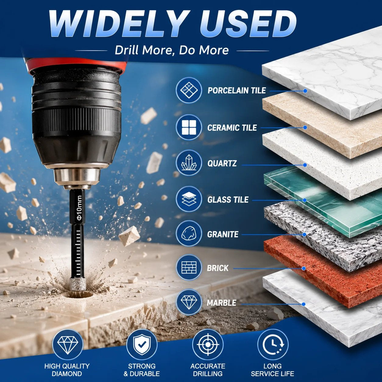 🛠️⚡️7 Pcs Diamond Drill Bits Set, 3/16 1/4 5/6 3/8 1/2 Inch Brazed Diamond Drill Bits for Precision Drilling in Tile Ceramic Glass Granite Marble Masonry