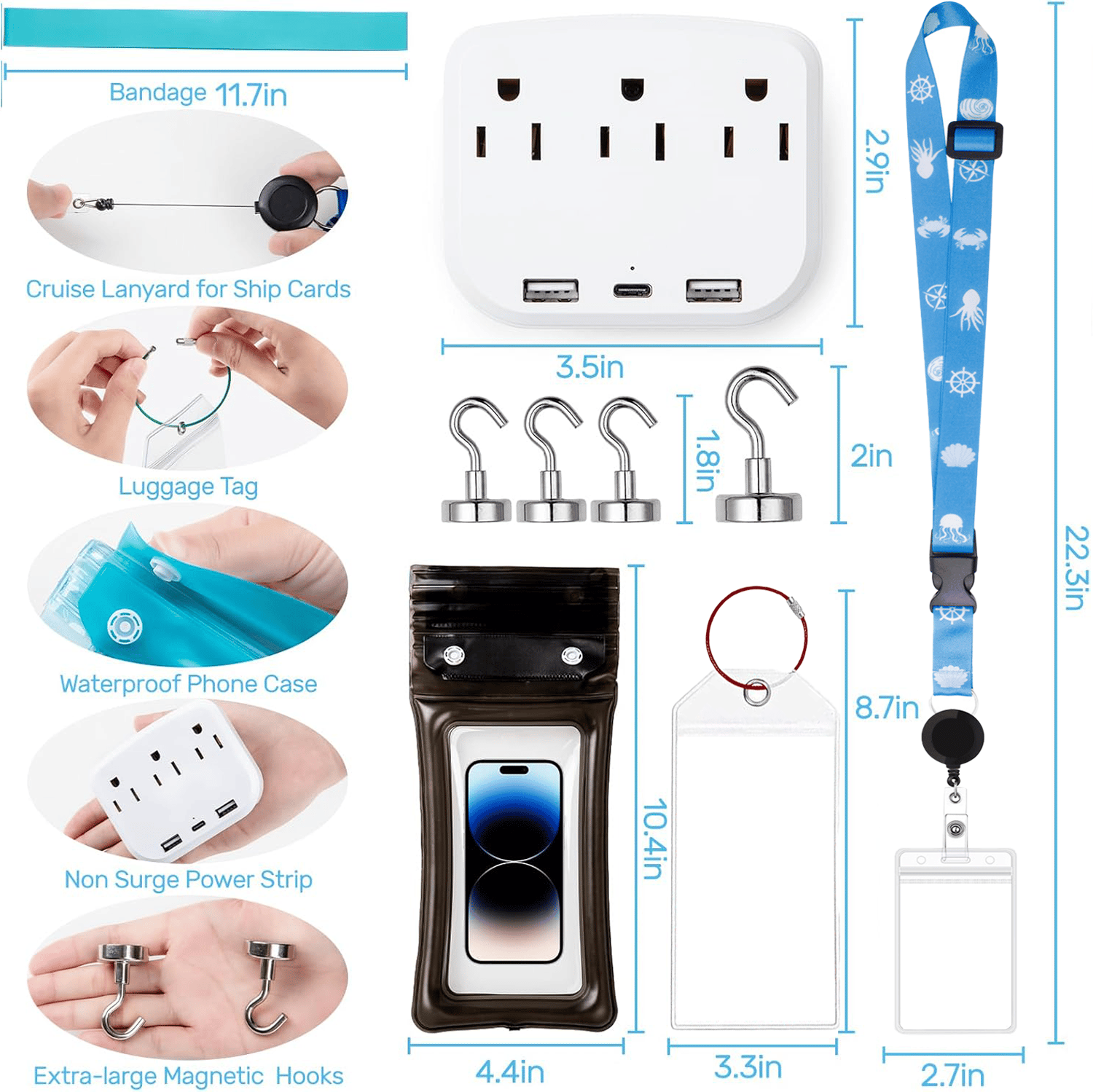 🚢Cruise Essentials 2026- Cruise Must Haves Kit with Non-Surge Protector Power Strip, Lanyard with ID Holder, Magnetic Hooks, Luggage Tag Set, Towel Bands, Waterproof Phone Holder