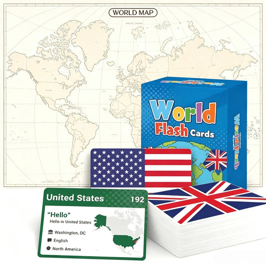 🌍245-Piece World Flags Flashcards Set – Fun Geography Learning Game for Kids & Adults with World Map 📚