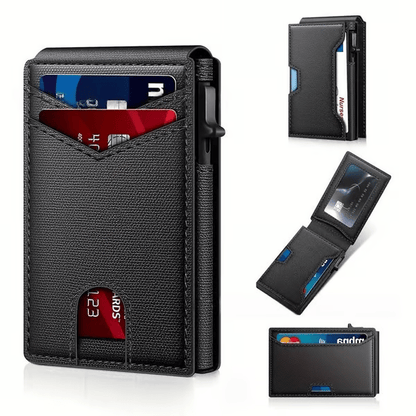 💥🎁 Slim Wallet for Men with Pop-Up Aluminum Case, RFID Blocking  Minimalist Leather Bifold Card Holder