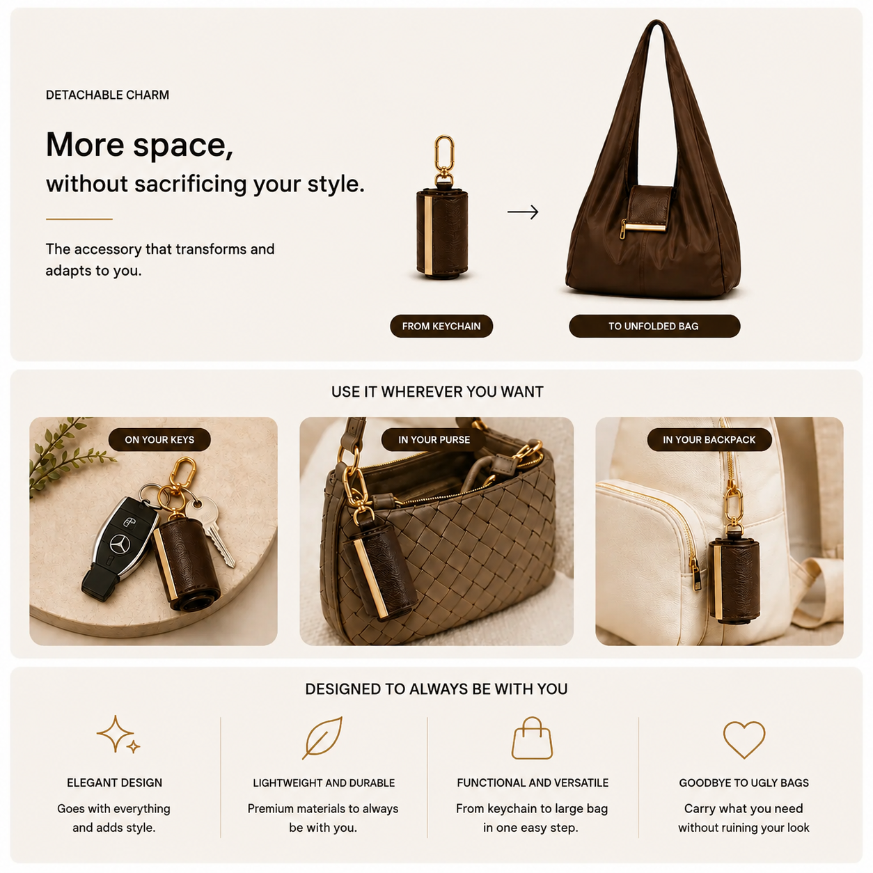 Transformable Bag – Stylish Vegan Leather Tote & Keychain Charm